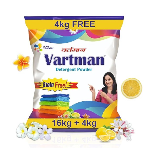 Vartman Double Power Lemon Top Load Washing Powder 16KG (4KG Free) Detergent Powder 20 kg (Lemon)