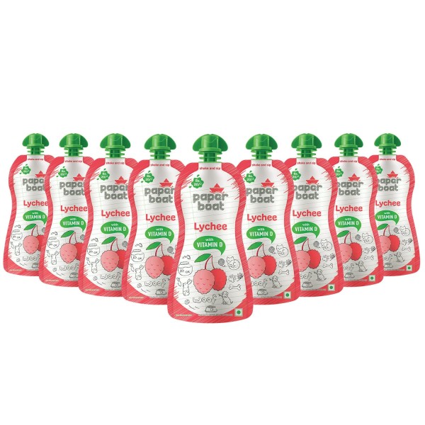 Paper Boat Lychee Juice, Litchi Jelly Drink Enriched with Vitamin D, No Added Preservatives and Colours (Pack of 9, 150ml each), Pink