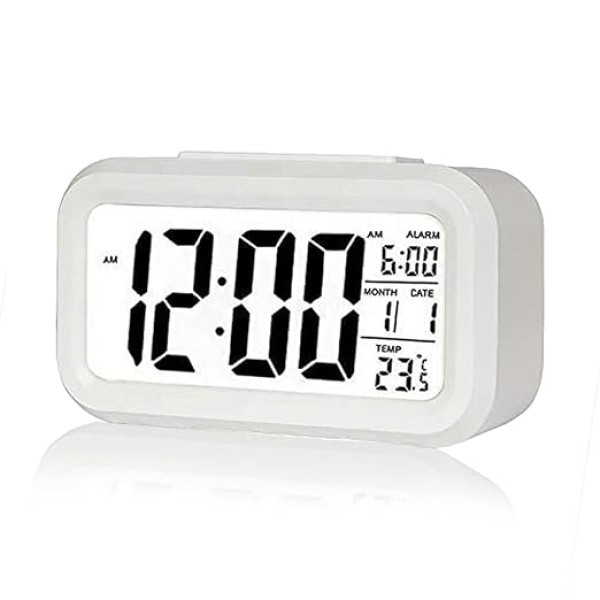 Digital Alarm Clock,Battery Operated Small Desk Clocks,with Date,Indoor Temperature,Smart Night Light,LCD Electronic Clock for Bedroom Home Office - White