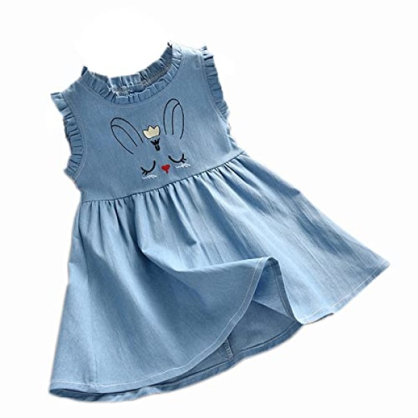 BENKILS Cute Fashion Floral Embroidered Cotton Denim Casual Frocks Dress