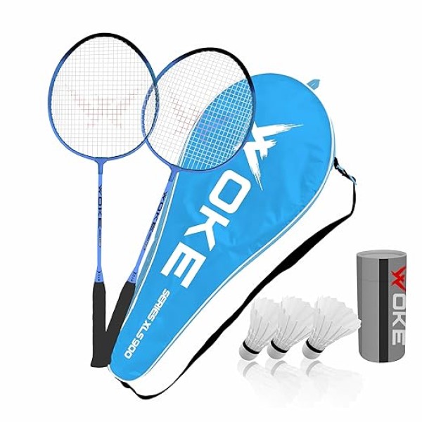 Woke XLS900 Badminton Racket Set Oval Aluminum Head Shape, high Tempered Steel Shape with Free 3 Birdie Feather Shuttlecocks,with String Tension, Suitable for All Ages Youth and Adults