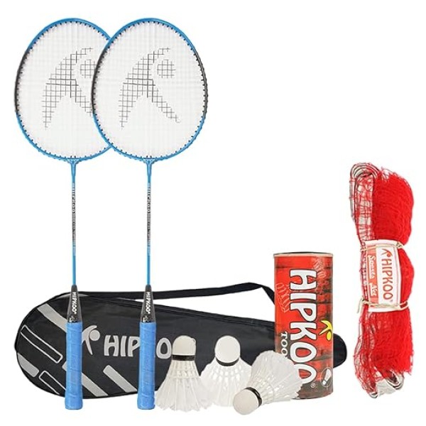 Hipkoo Sports HR 16 Aluminum Badminton Complete Racquets Set | 2 Wide Body Racket, 3 Feather Shuttlecocks and Net | Ideal for Beginner | Lightweight & Sturdy (Blue)