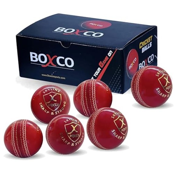 BOXCO Skyline Hand Stiched Four Piece Cricket Leather Ball for T20, One Day and Test Matches (Red) (Pack of 6)