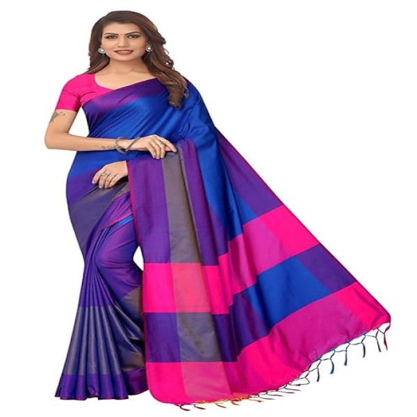 DHRUVI TRENDZ Women's Banarasi Cotton Silk Saree With Blouse Piece (Dt-S1532_Blue_One Size_Dark Blue)