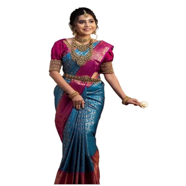 C J Enterprise Women's Kanjivaram Soft Silk Saree For Wedding With Un-Stitched Blouse Piece (RMM Paithani)