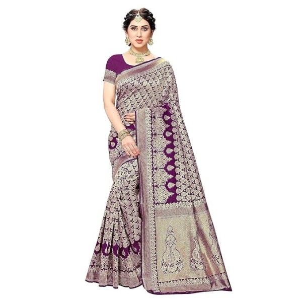 Yashika Women's Trendy Banarasi Kanjivaram Navy Color Art Silk Saree with Blouse Material