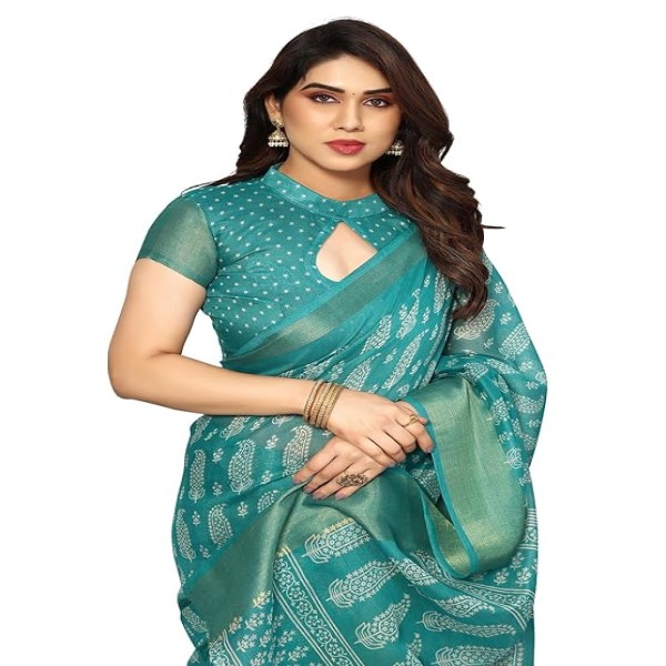 SIRIL Women's Printed Zari Patta Poly Cotton Saree with Unstitched Blouse Piece