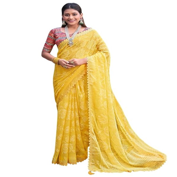 AKHILAM Women's Embellished Floral Bagru Saree With Unstitched Blouse Piece (KINJAL4263_5D_Parent)