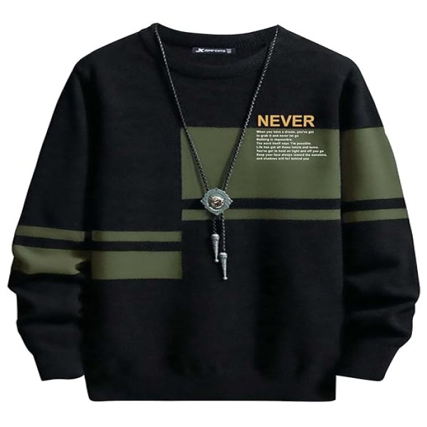 Jump Cuts Mens Printed Round Neck Full Sleeve Black and Olive Cottonblend Slim Fit T-Shirt