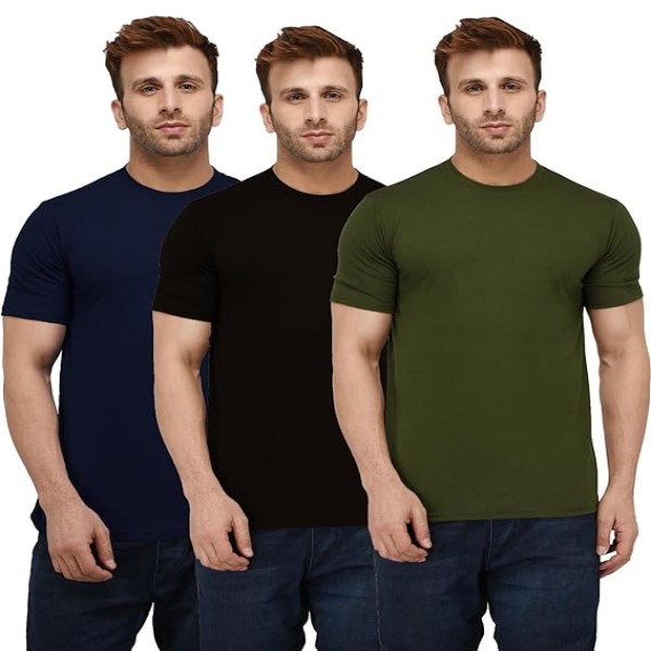 London Hills Men Round Neck Cotton Blend Multicolor Half Sleeve Solid T-Shirts (Pack of 3)