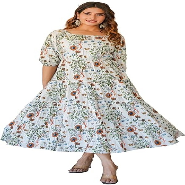 Yash Gallery Women's Rayon Floral Printed Tiered Style Dress
