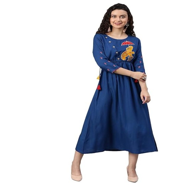 Yash Gallery Women's Dobby Rayon Embroidered A-Line Dress for Women
