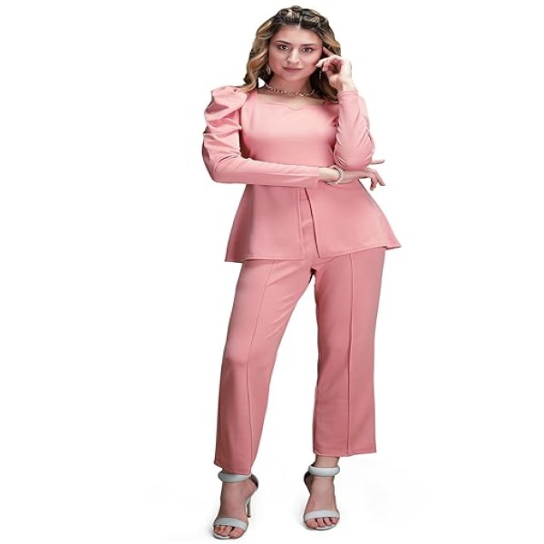 SIRIL Lycra Long Puff Sleeve Sweetheart Neck Co-Ords Set for Women's | Suit Set|Two Piece Dress