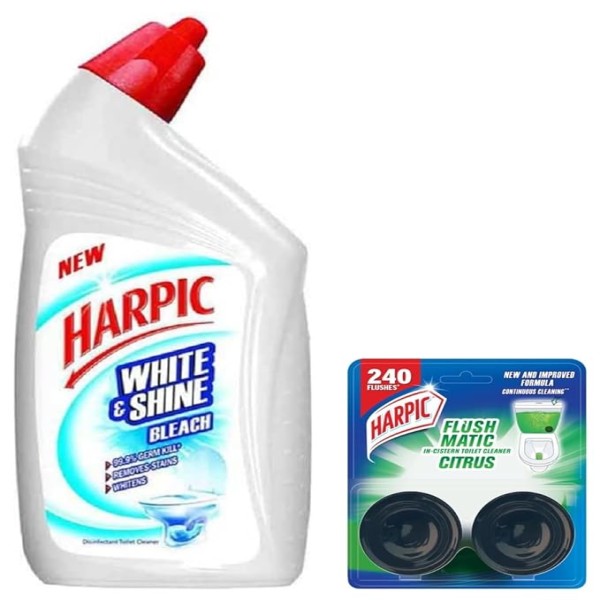 Harpic Flushmatic In-Cistern Toilet Cleaner Blocks, Citrus - 100 g | Toilet Flush Cleaner Balls & Harpic White and Shine Disinfectant Toilet Cleaner Bleach Liquid - 500 ml COMBO