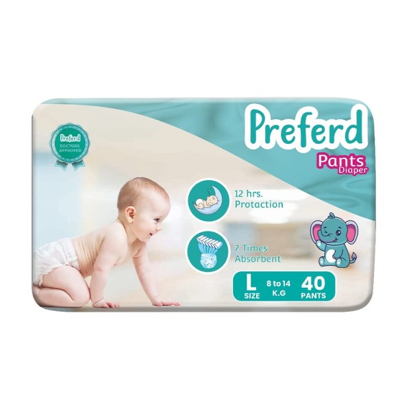 Preferd Baby Diapers Pants Extra Dry, Soft Elastic Waist Grip, Super Absorbent, Up to 12 Hrs. Protection (Pack of 1, 40 Counts) | 8KG Upto 14Kg | Size - Large (L) |