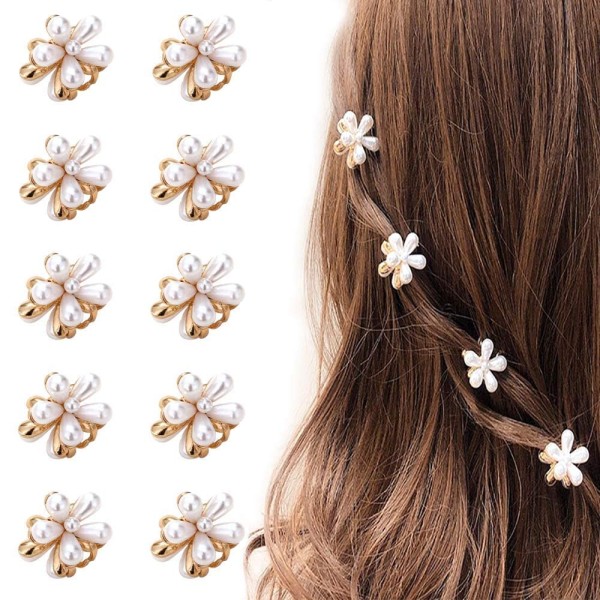 Starvis 10 Pcs White Pearl Mini Claw Metal Clips Flower Design Small Clutcher Barrettes Hair Accessories for Women and Girls