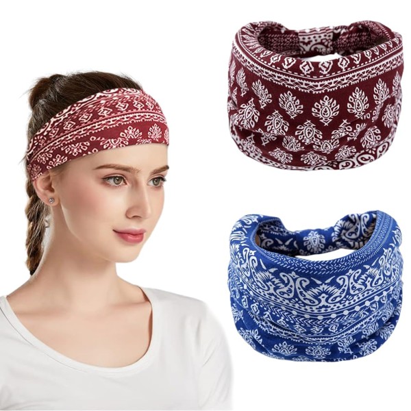 Hodaqe Headbands for Women, Non-Slip, Premium Stretchy Bohemian Head Bands Hair Accessories,Wear for Yoga, Fashion, Working Out, Travel or Running, 2 Pack