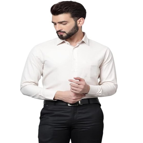 Cantabil Cotton Self Design Full Sleeve Regular Fit Formal Shirt for Men with Pocket | Formal Shirt for Men | Formal Wear Shirts for Men (P_MSHF00235_Beige)