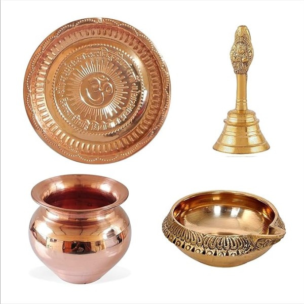 DEXO Combo of 4 Pcs, Decorative Pooja Samagri || for Temple/Home/Gifts Items - Om Thali, Pooja Bell and Kalash/Lota with Kuber Diya for All Pooja Purpose, Made in Brass & Copper Pack of 1