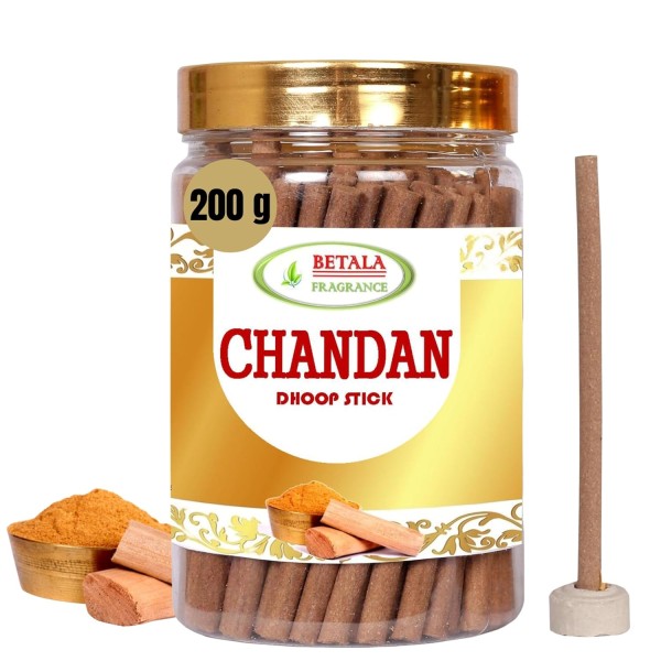 Betala Fragrance Chandan Flavour Dhoop Sticks for Pooja, Pack of 200 Gm Dhup Batti with Holder, Agarbatti, Incense Stick, Sandal, Cones, Cup, Sambrani (200 Gm)