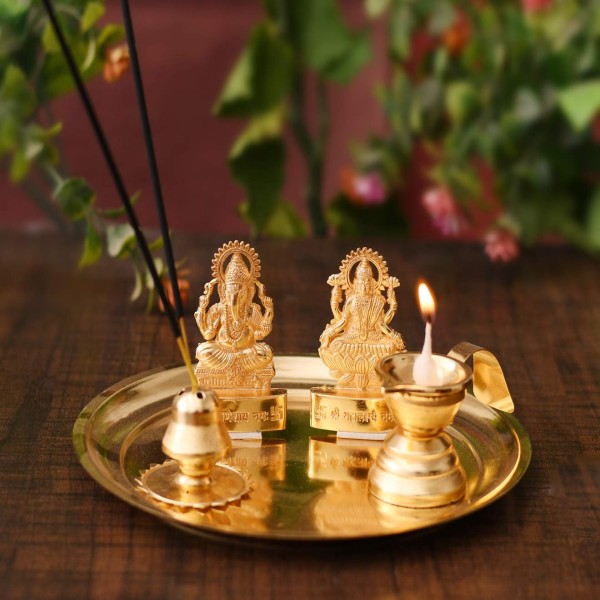 Collectible India Pooja thali Set for Aarti, Diwali Gift Items - Metal Lakshmi Ganesh Idol Showpiece -Bhai Dooj Traditional Diya - Agarbatti Incense Stick Holders - Puja Article (1 Box)