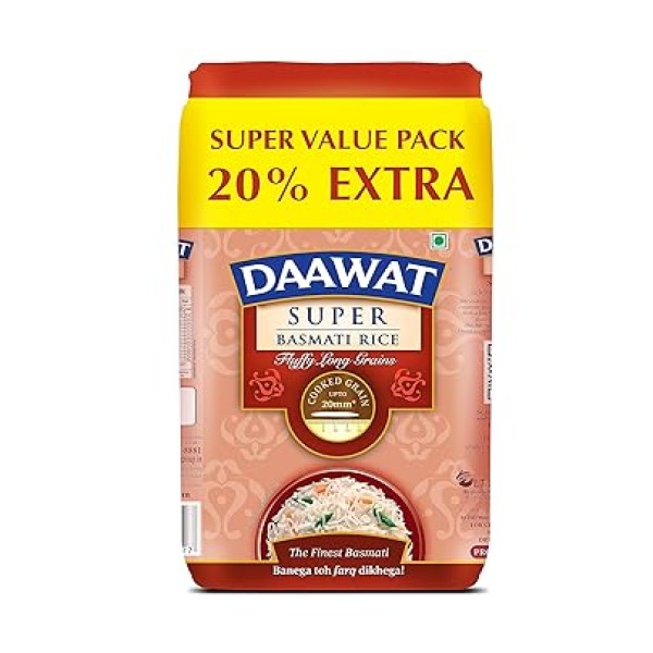 Daawat Super, Perfectly Aged, Long Grain with Rich Aroma Basmati Rice, 1 Kg with 20%/25% Extra