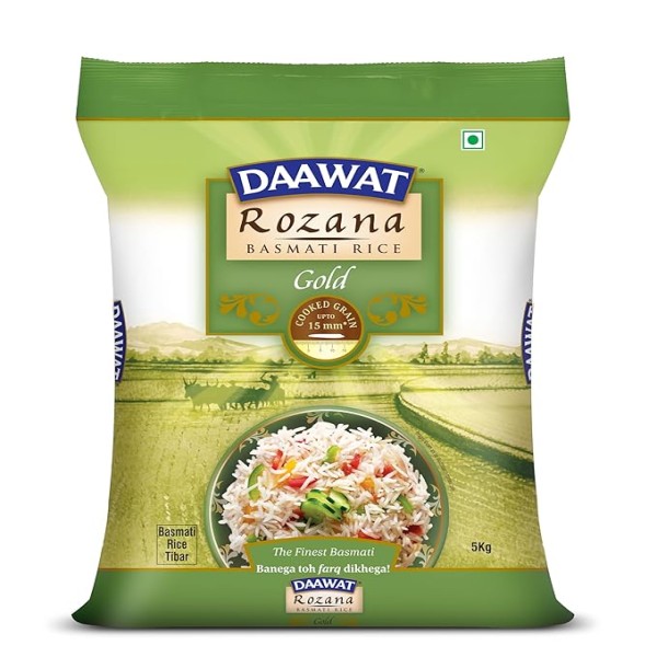 Daawat Rozana Gold, Naturally Aged, Rich Aroma,Perfect Fit for Everyday Consumption Basmati Rice, 5 Kg