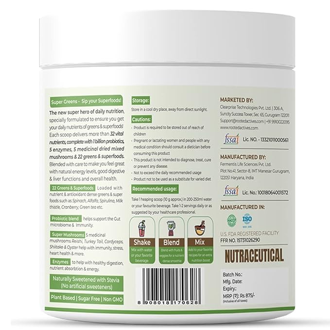 Rooted Actives Superfood Greens, Mushrooms & Herbs blend| (250 g), 22 Daily Greens & Fruits, 5 Mushrooms, Probiotics & Enzymes | Rich in vitamins, minerals, iron, fiber & antioxidants