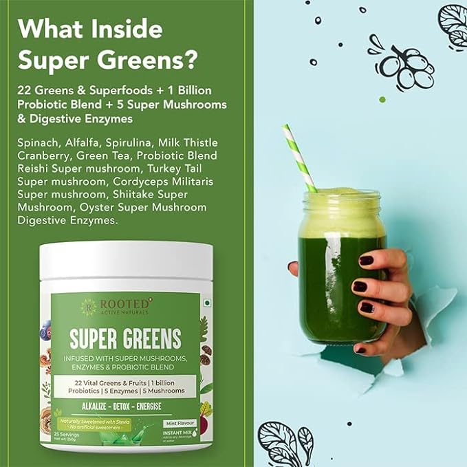 Rooted Actives Superfood Greens, Mushrooms & Herbs blend| (250 g), 22 Daily Greens & Fruits, 5 Mushrooms, Probiotics & Enzymes | Rich in vitamins, minerals, iron, fiber & antioxidants