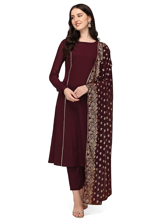 Visit the FIORRA Store FIORRA Women's Maroon Poly Crepe A-line Kurta with Pant and Dupatta