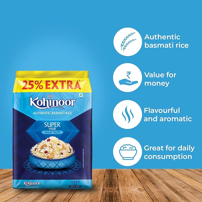 Kohinoor Super Value Basmati Rice, 1 Kg + 25% Extra | Authentic Basmati Rice