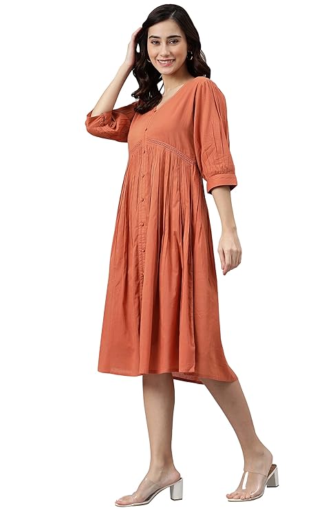 Janasya Women's Coral Orange Cotton Solid Flared Dress