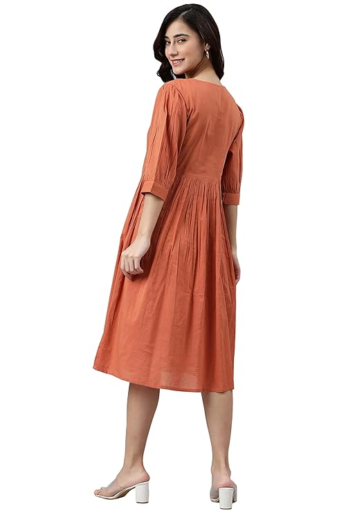 Janasya Women's Coral Orange Cotton Solid Flared Dress