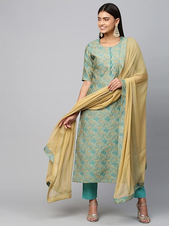 ANNI DESIGNER Women's Banarasi Silk Straight Printed Kurta with Pant & Dupatta (Banarsi-see)