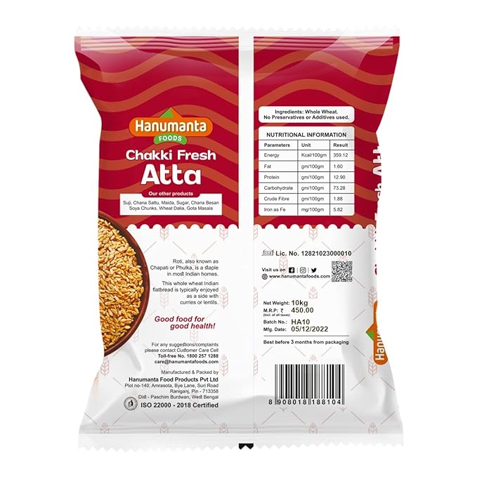 Hanumanta Foods Chakki Fresh Atta 100% Whole Wheat Atta, 0% Maida (10 KG)