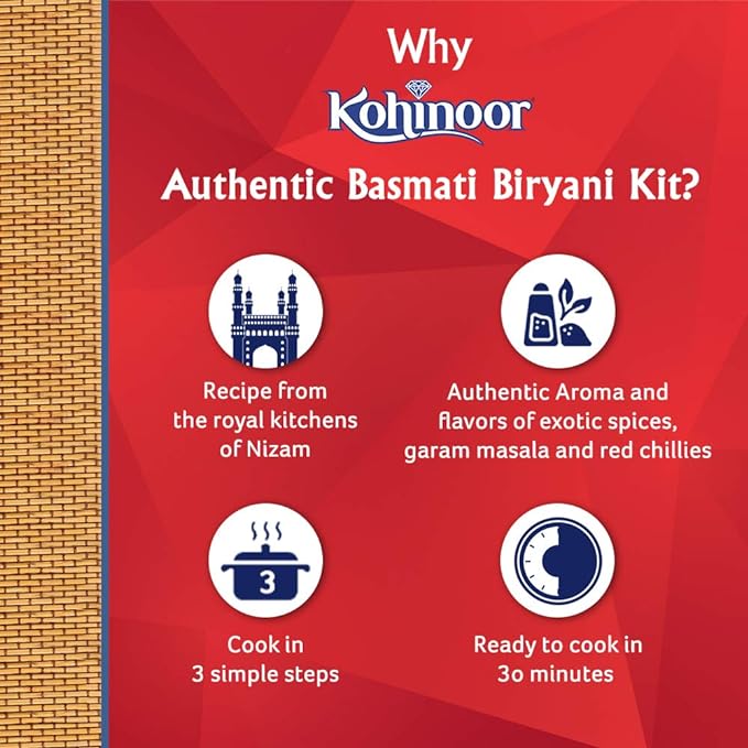 Kohinoor Authentic Basmati Biryani Kit, Hyderabadi | Easy 3-Step Recipe | Ready To Cook Biryani, 339g