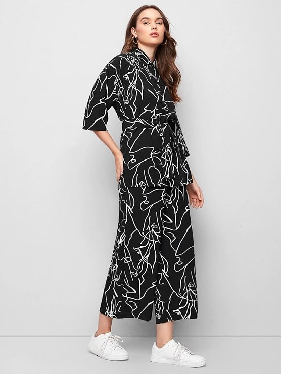 GRECIILOOKS Women Co Ord Set| Collared Self Belted Allover Print| Half Sleeve Shirt| Straight Shirt with Belt| Women Two-Piece Outfits| Summer Wear| Outdoor Wear