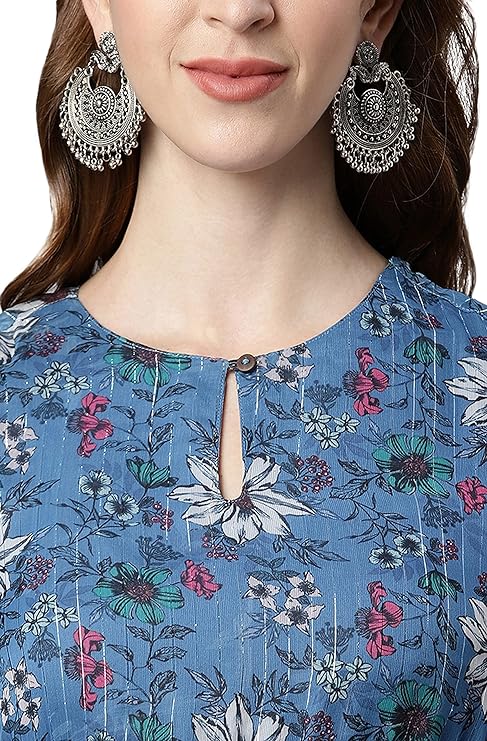 Janasya Women's Blue Poly Georgette Floral Flared Western Dress