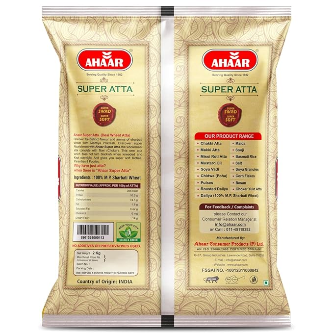 Ahaar Super Atta 2Kg | 100% Natural MP Sharbati Wheat Flour(Chakki Atta)