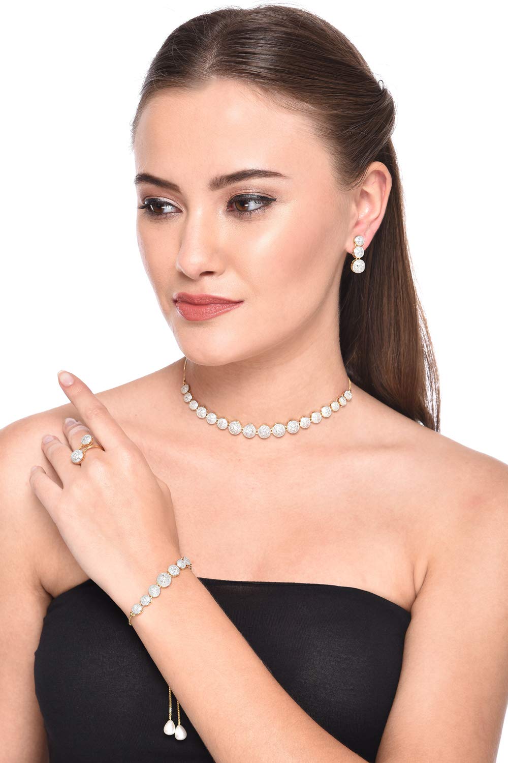 ZENEME Jewellery Set for Women American Diamond Combo of Necklace Set with Earrings, Bracelet and Ring for Girls and Women