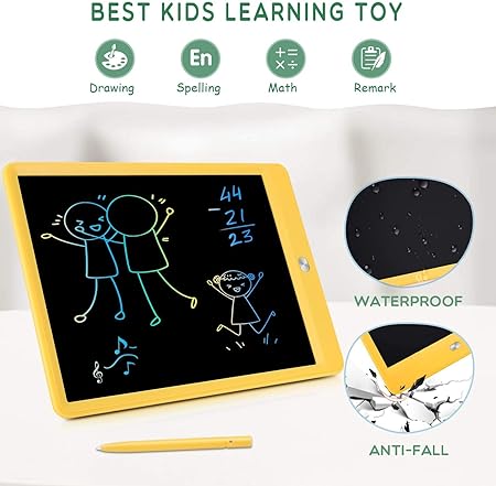Proffisy LCD Writing Tablet, 10 inch Multicolor E-Note Pad for Kids Adults Drawing, Learning, Playing, Portable Handwriting Electronic Board for Home School Outdoor (Yellow)