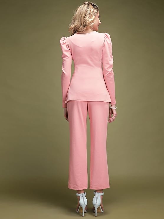 SIRIL Lycra Long Puff Sleeve Sweetheart Neck Co-Ords Set for Women's | Suit Set|Two Piece Dress