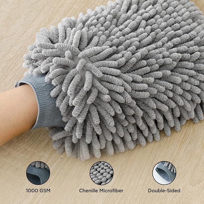 UMAI Microfiber Double-Sided Chenille Wash Mitt 1000 GSM - Super Soft, Ultra-Absorbent, Multipurpose and Double Sided Dusting Gloves for Home Cleaning | Car Cleaning, Windows and Kitchen (Grey)