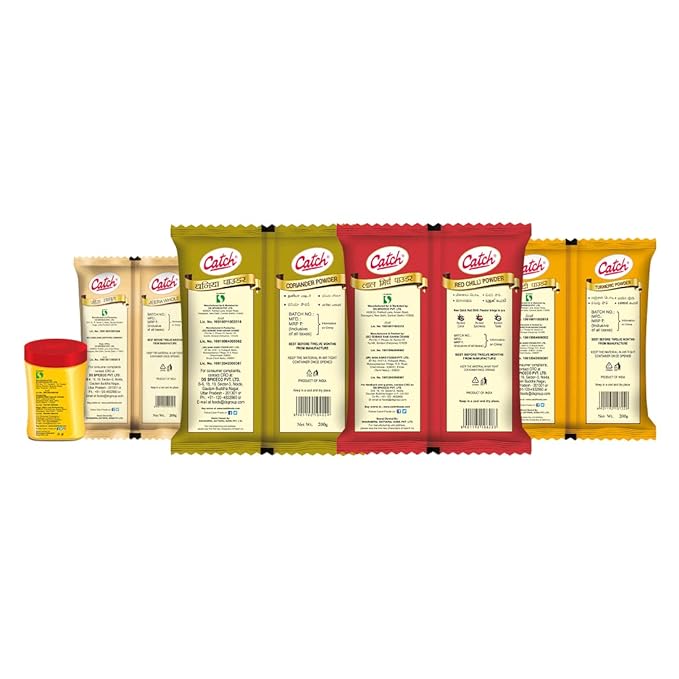 Catch Masala Combo Coriander Powder 200 GMS + Turmeric Powder 200 GMS + Red Chilli Powder 200 GMS + Cumin Whole 200 GMS + Hing 50 GMS(Pack of Five) - Masala/Spice Combo