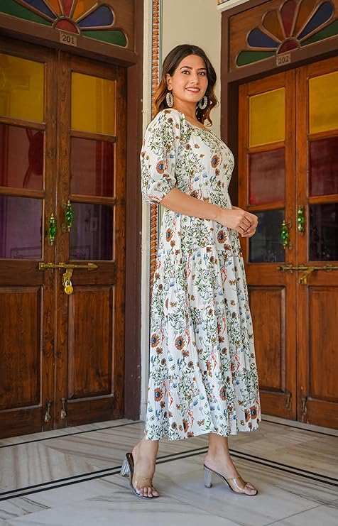 Yash Gallery Women's Rayon Floral Printed Tiered Style Dress