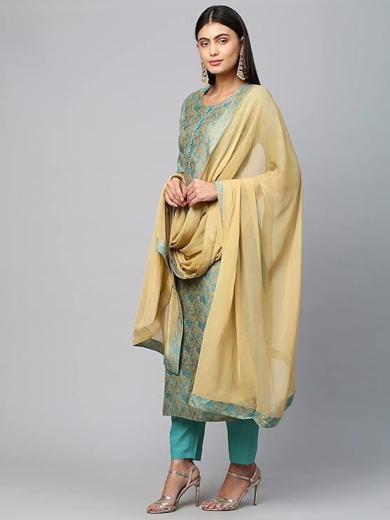 ANNI DESIGNER Women's Banarasi Silk Straight Printed Kurta with Pant & Dupatta (Banarsi-see)
