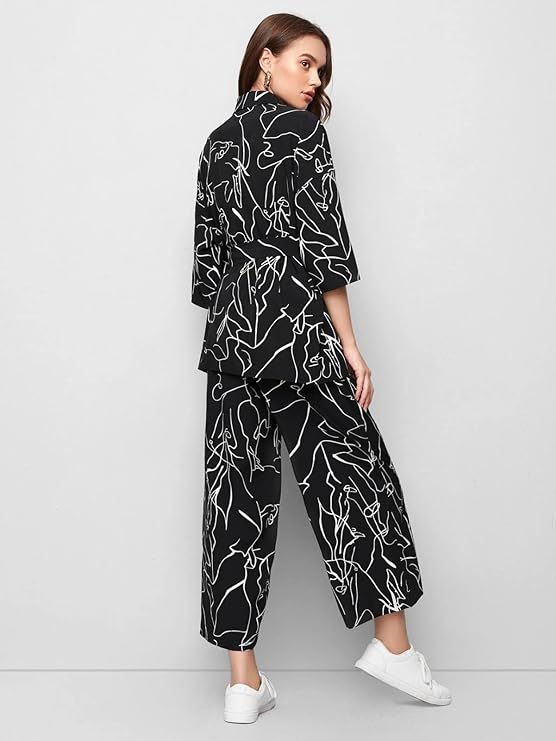 GRECIILOOKS Women Co Ord Set| Collared Self Belted Allover Print| Half Sleeve Shirt| Straight Shirt with Belt| Women Two-Piece Outfits| Summer Wear| Outdoor Wear