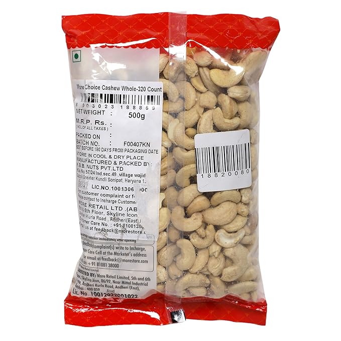More Choice Dry Fruits - Whole Cashew, 500g (320 Count)