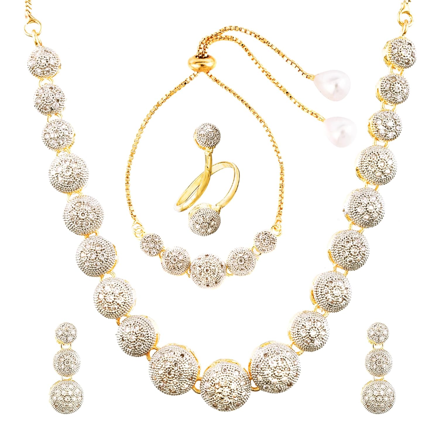 ZENEME Jewellery Set for Women American Diamond Combo of Necklace Set with Earrings, Bracelet and Ring for Girls and Women
