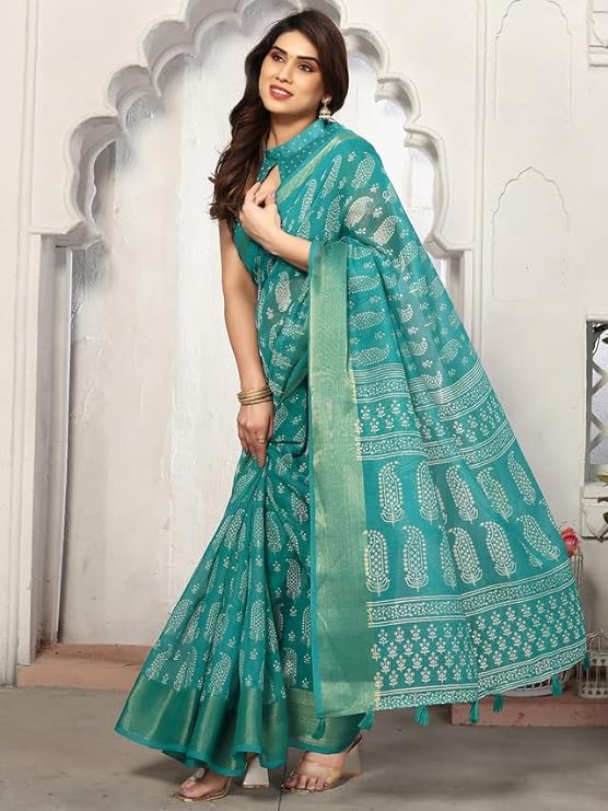 SIRIL Women's Printed Zari Patta Poly Cotton Saree with Unstitched Blouse Piece